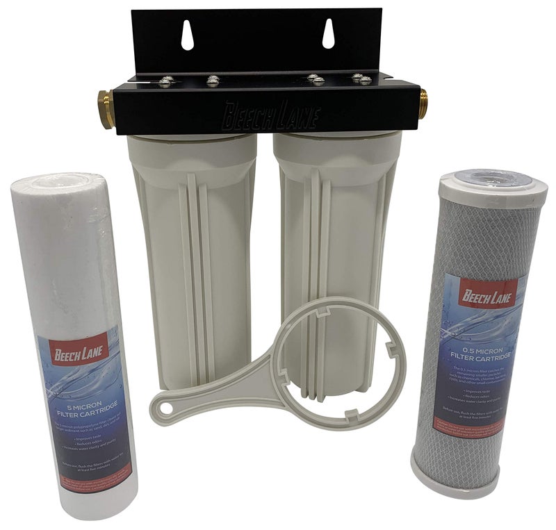 Beech Lane External RV Dual Water Filter System, Leak-Free Brass Fittings, Mounting Bracket and Two Filters Included, Sturdy Construction is Built to Last - Image 1